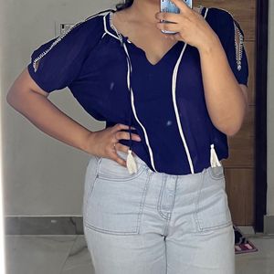 Navy Blue Embroidered Tassel Top