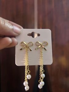 Gold Bow Pearl Drop Earrings