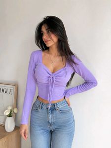 Purple Ribbed Tie-Front Top