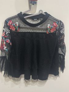Nuon Sheer Embroidered Black Top