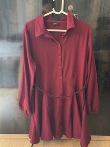 Maroon Button-Up Shirt Dress with Belt Size L