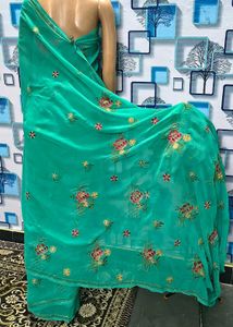 Elegant Teal Embroidered Saree Sea green