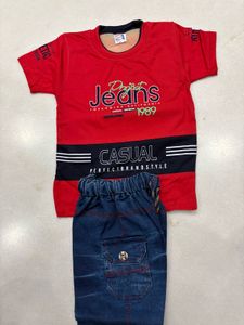 Kids Red Casual Jeans T-Shirt and Short
