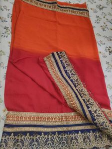 Ombre Orange &amp; Red Embroidered Saree
