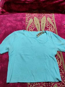 Blue Ribbed Top with Chain Detail