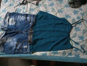 Distressed Denim Shorts & Teal Camisole Set