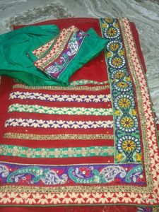 Embroidered Red Saree with Green Blouse