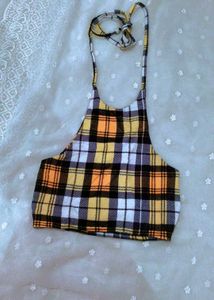 Yellow Plaid Halter Neck Crop Top