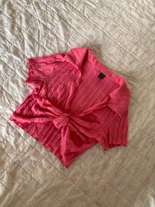 Ribbed Pink Tie-Front Cardigan