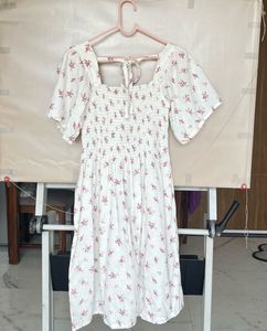 White Floral Print Smocked Dress