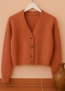 Premium Ribbed Crop Cardigan in Rust Brown