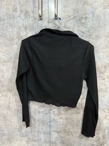 Black Ribbed Cropped Button-Up Shirt