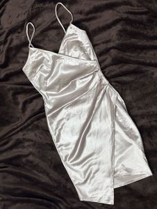 Light Silver Satin Ruched Slip Dress