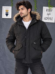 CARTER Black Fur Hooded Bomber Jacket