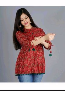 Red Printed Kurti with Tassels