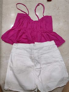 Cute Pink Top &amp; White Denim Skirt