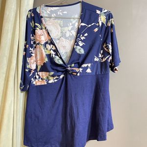 Stylish Navy Floral Twist Neck Top