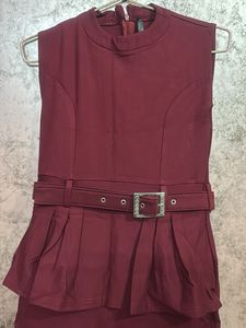 Maroon Peplum Belted Dress