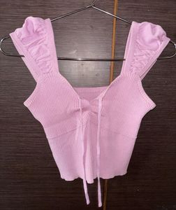 Cute Pink Ribbed Tie-Front Top