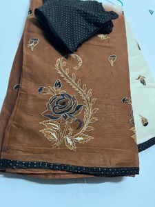 Elegant Brown &amp; Cream Saree with stitched Blouse