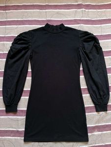 Black Puff Sleeve Mock Neck Dress