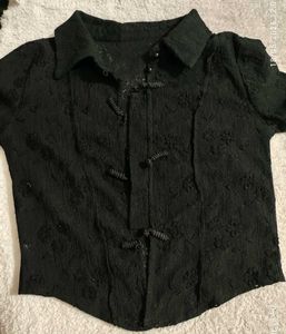 Black Embroidered Mandarin Collar Blouse