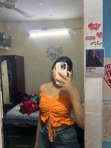 Orange Ruched Tie-Up Crop Top