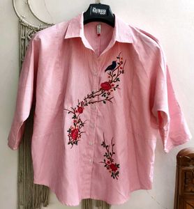 Embroidered Pink Striped Shirt L