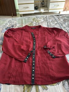 Maroon Pleated Blouse with Button Detail