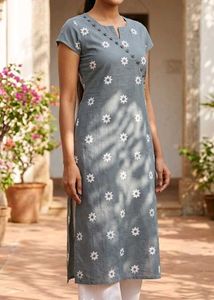 Grey Kurta with White Floral Print