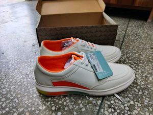 White &amp; Orange Accent Sneakers