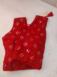 Red Embroidered Blouse with Mirror Work