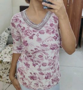 Floral Print Kurta with Embellished Neckline