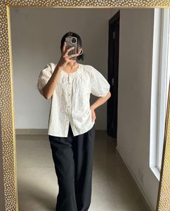 White Polka Dot Puff Sleeve Top