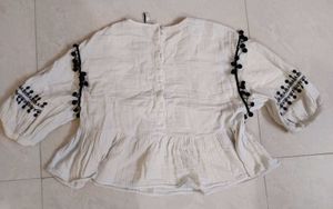 Embroidered White Kurta with Pom-Pom Trim