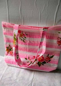 Pink Floral Striped Tote Bag