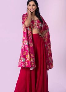Dark pink printed silk jacket style plazzo suit