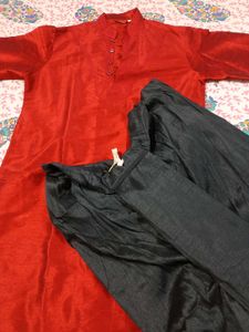 Red Silk Kurta with Black Dhoti – Men