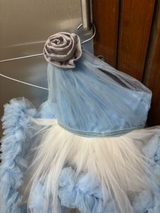 Baby Blue Ruffle Party Dress with a trail