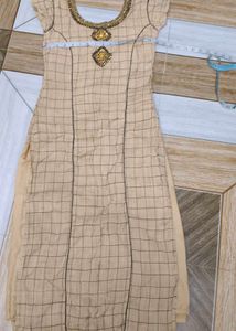 Beige Checked Kurta with Embellished Neckline