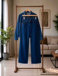 Denim Shirt and Wide Leg Jeans Set