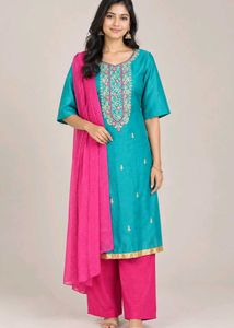 Teal Kurta Set with Pink strat pant  and Dupatta