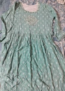 Elegant Teal Printed Kurta with Mirror Work