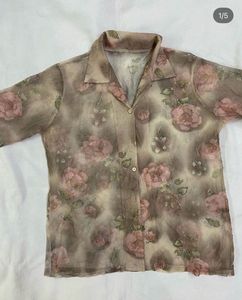 Sheer Floral Print Button-Up Shirt