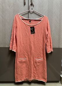Chic Coral Lace-Trimmed Dress