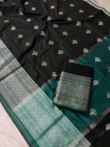Elegant Black & Green Silk Allover Boota Saree