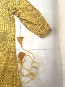 Yellow Block Print Asymmetrical Kurta
