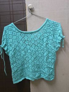 Aqua Crochet Tie-Up Top