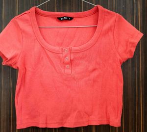 Coral Ribbed Henley Crop Top