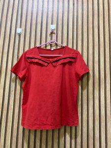 Red Square Neck Top with Black Trim